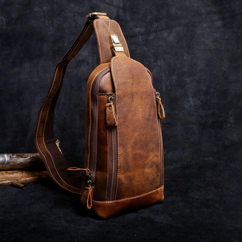 Handmade Leather Mens Cool Chest Bag Sling Bag Crossbody Bag Travel Ba ...