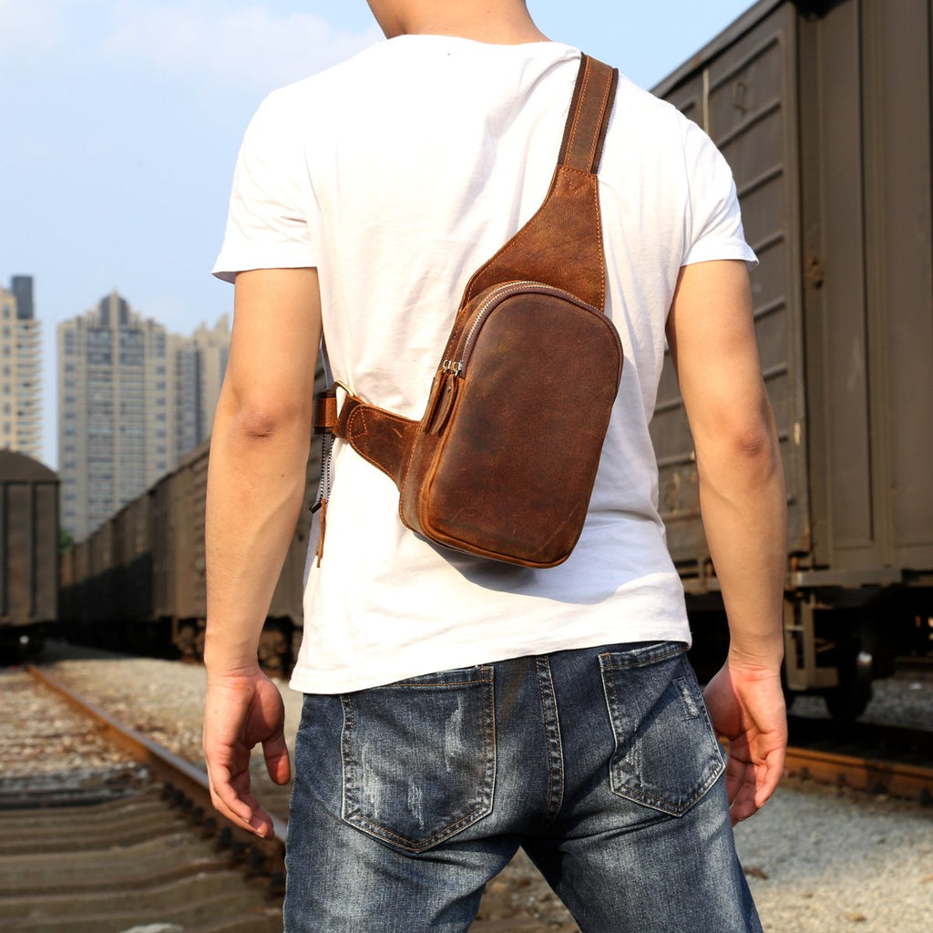 Genuine Leather Mens Cool Chest Bag Sling Bag Crossbody Bag Travel Bag ...