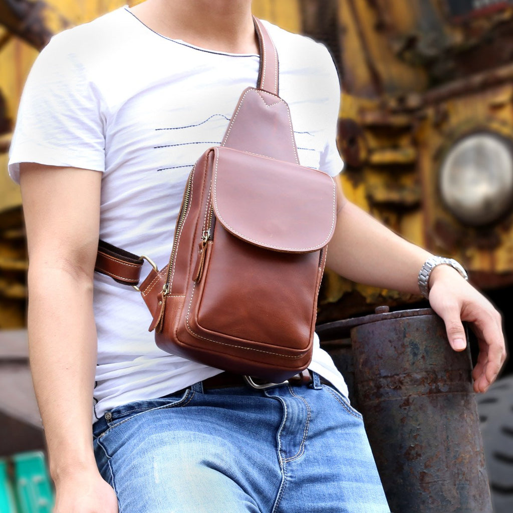 Genuine Leather Mens Cool Chest Bag Sling Bag Crossbody Bag Travel Bag ...