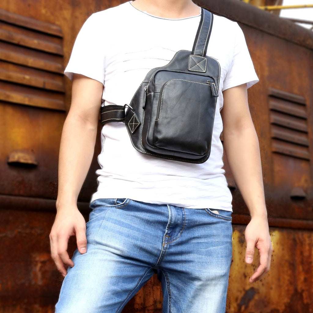 Genuine Leather Mens Cool Chest Bag Sling Bag Crossbody Bag Travel Bag ...