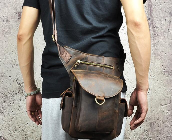 Cool Dark Brown Leather Mens Drop Leg Bag Belt Pouch Small Side Bag Sh ...