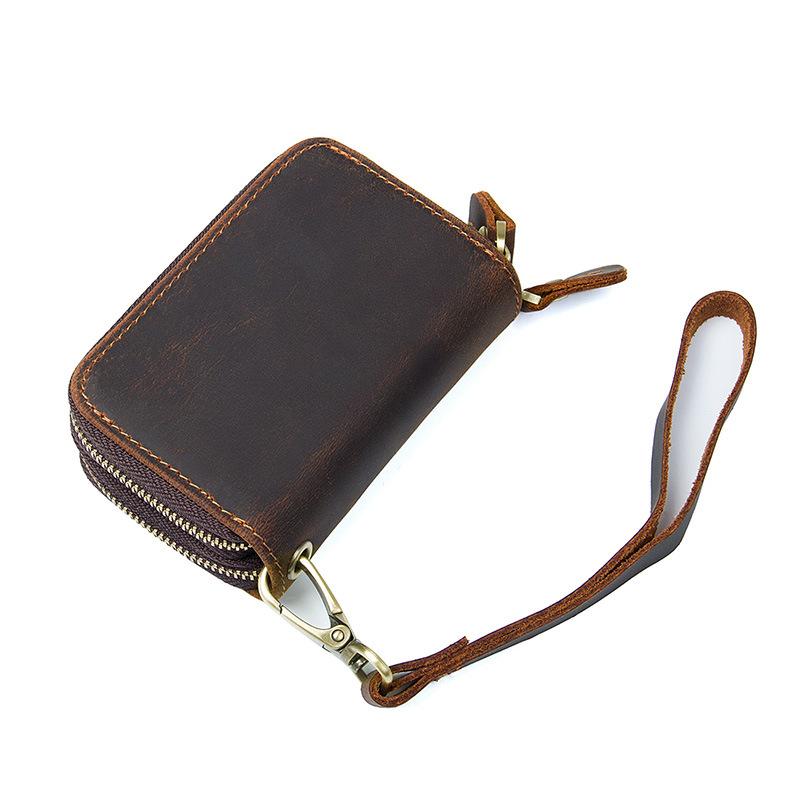 Vintage Leather Mens Small Key Wallet Brown Zipper Car Key Wallet for ...
