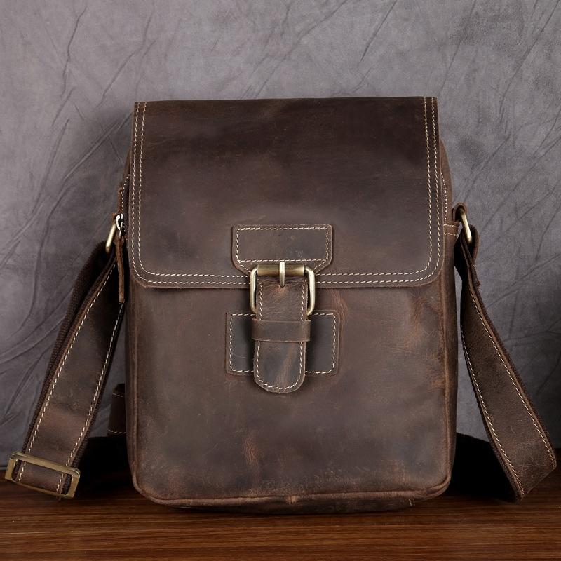 Vintage Mens Brown Leather Small Side Bag Vertical Messenger Bag For M ...