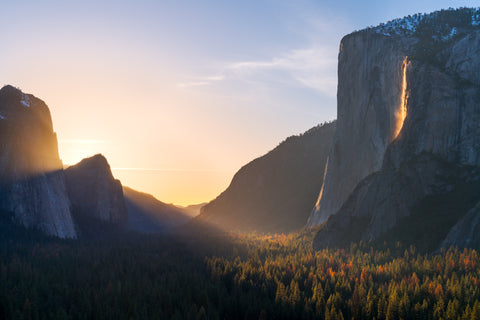 Yosemite Valley at Sunset in February, Horsetail falls catching the sunlight