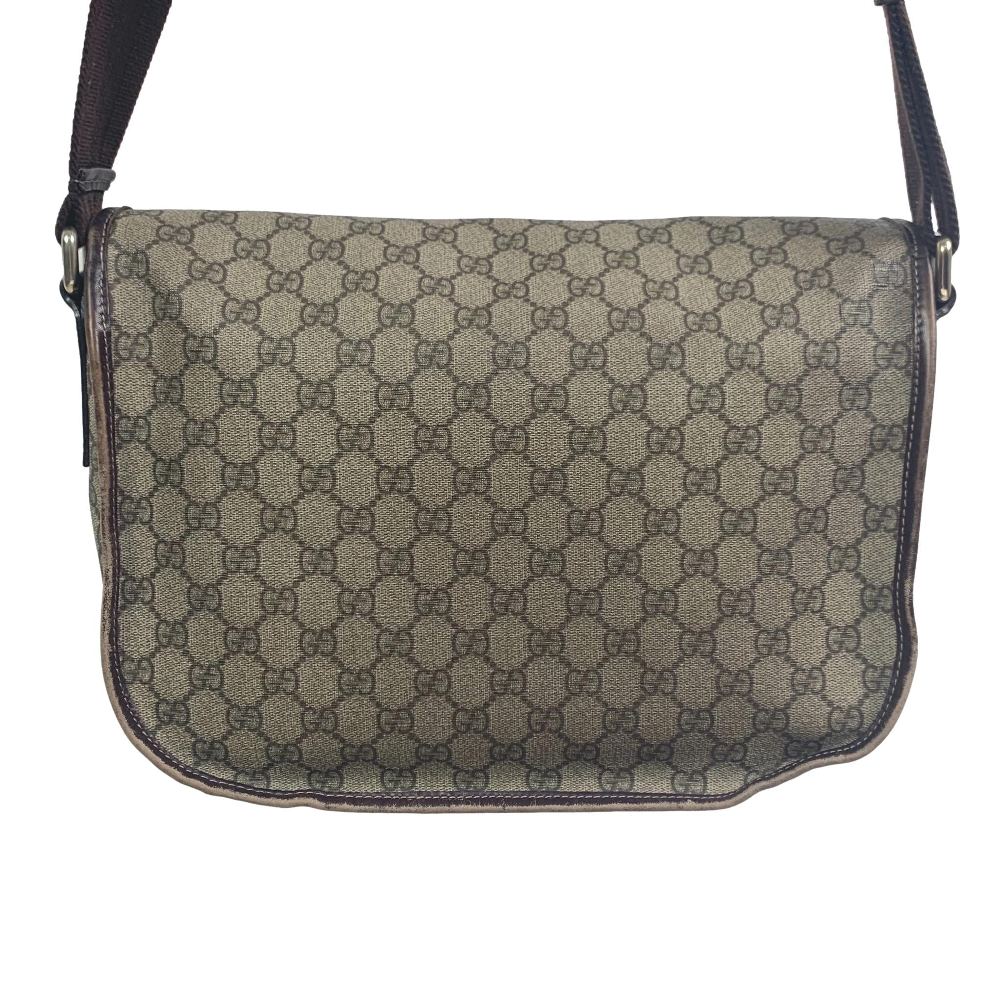 GUCCI GG PLUS MONOGRAM LARGE DOUBLE BUCKLE FLAP MESSENGER BAG BEIGE DARK  BROWN