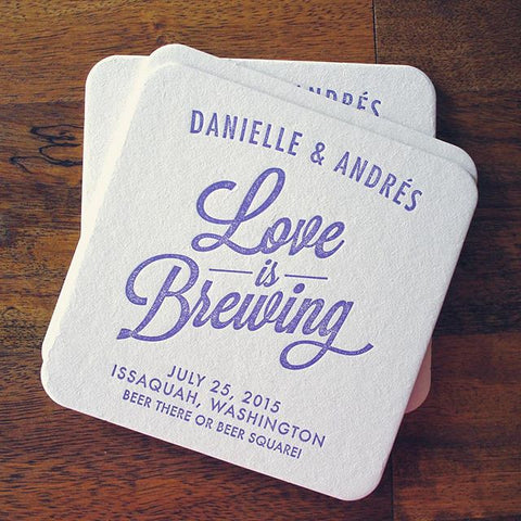 "Love is Brewing" wedding coasters.