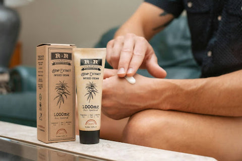 man applying cbd lotion with the bottle and box on the table