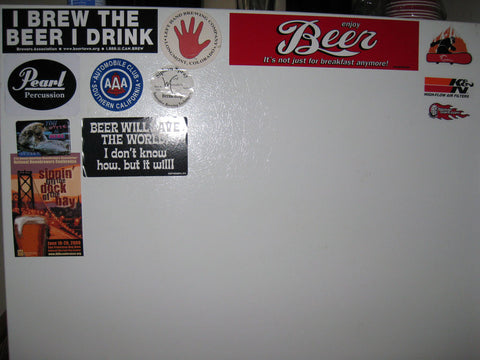 Fridge with stickers.