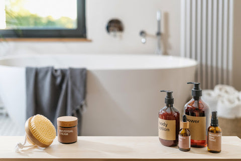 Toiletries around a bathtub