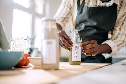 person in apron bottling kombucha