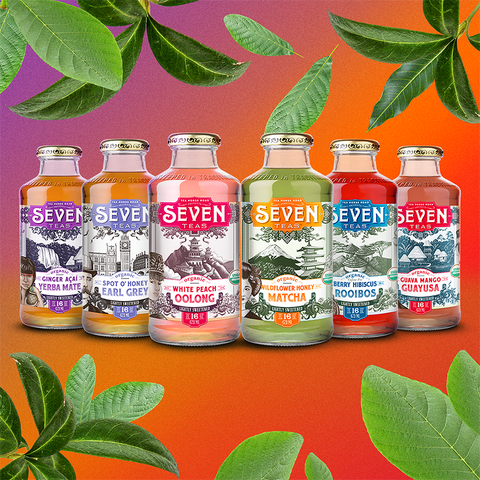 6 Seven Teas iced tea bottles with sunset colored background and leaves.