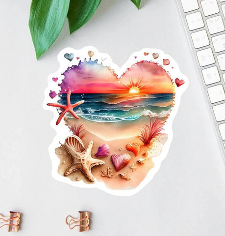 Colorful beach-themed sticker on desk.