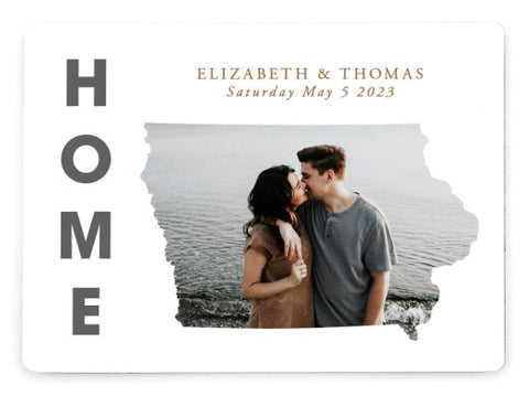 Custom save the date card with picture in the shape of the location state.