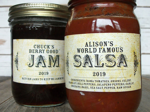 Jam and salsa jars with custom labels.