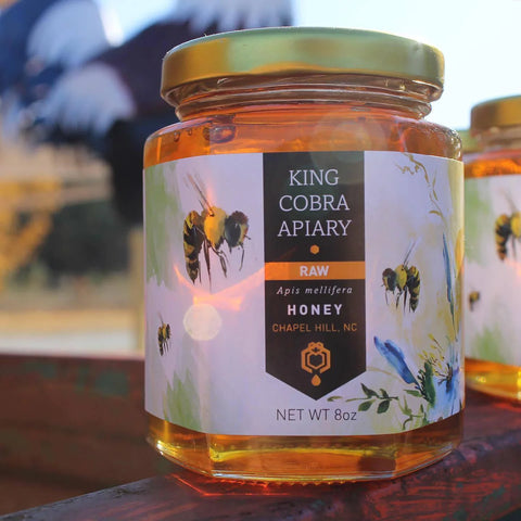 King Cobra Apiary honey jar with custom label.