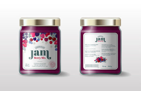 Mixed berry jam jar, front and back