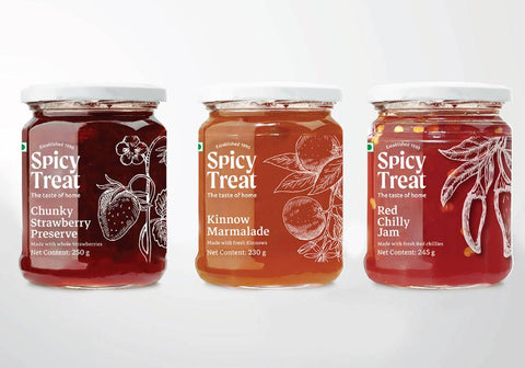 Preserve, marmalade, and jam jars with custom labels.