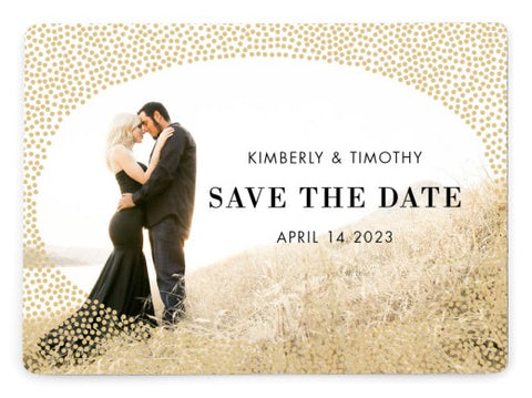Save the date card with a gold dot oval outline.