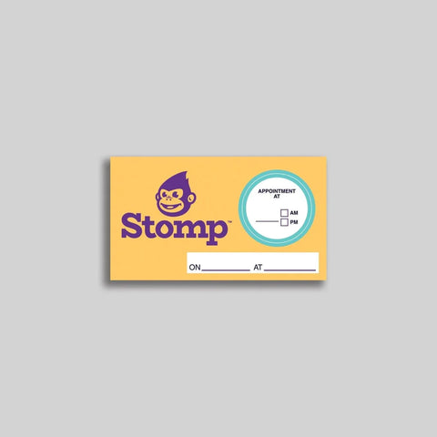 Stomp Stickers appointment card with peel-off circle.