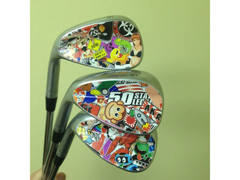 Three golf club heads with sticker collages.