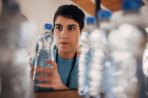 woman stocking water bottles on shelves