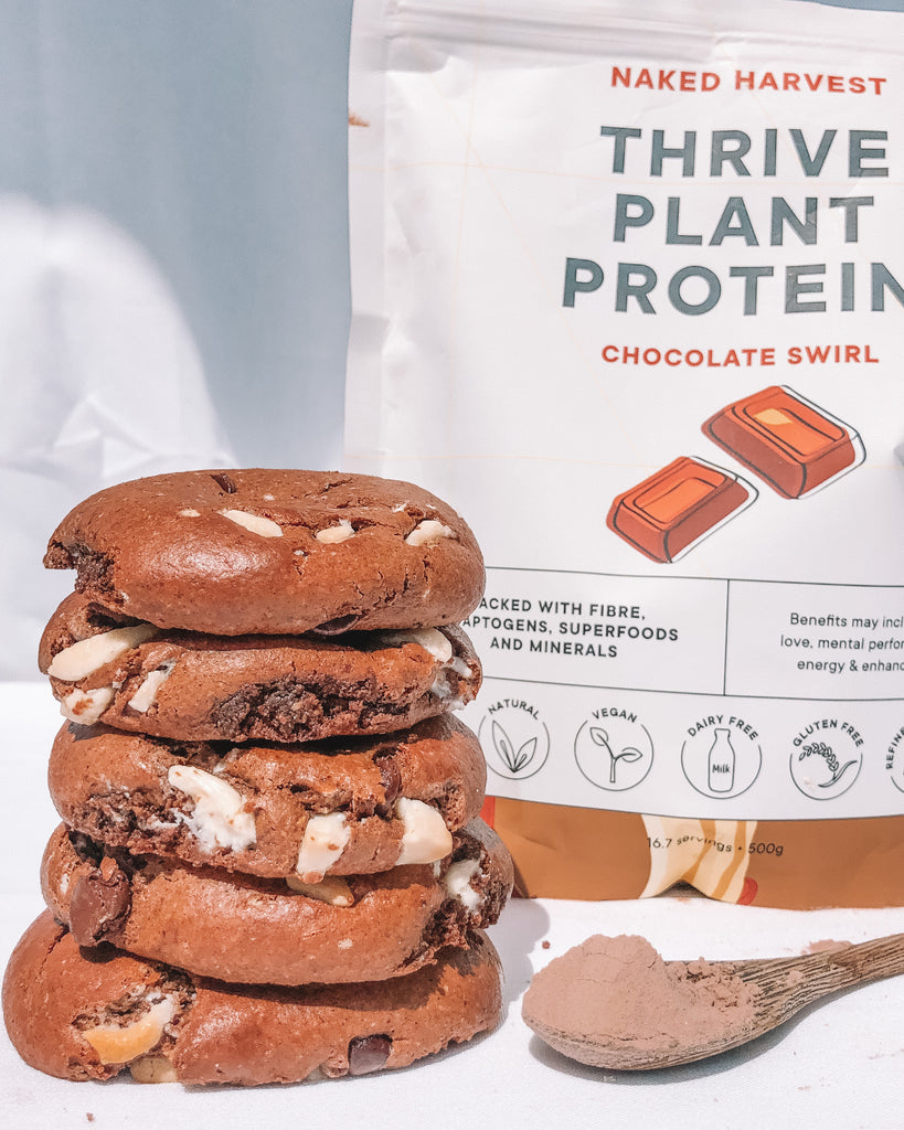 Gluten and Dairy Free Double Choc Cookies with Naked Harvest Chocolate Swirl THRIVE Plant Protein