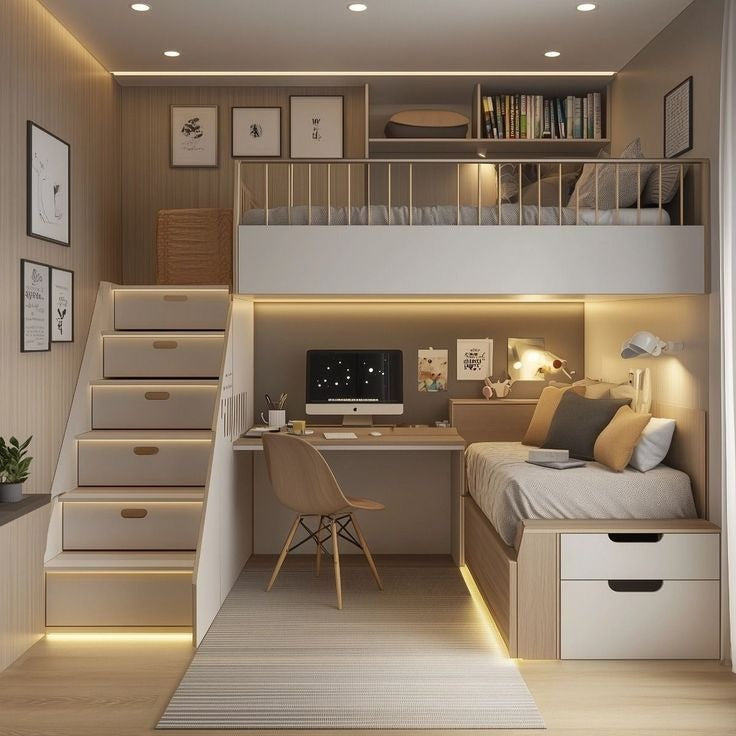 17. Dual-Zone Loft with Sleek Organization - small bedroom office ideas