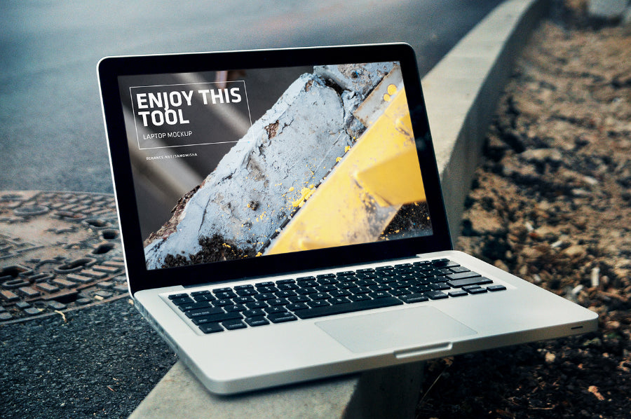 Download Macbook Pro, iPhone and iPad on the Street PSD Mockup ... PSD Mockup Templates