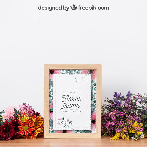 Download Wooden Frame Mockup Between Beautiful Flowers Mockup Hunt