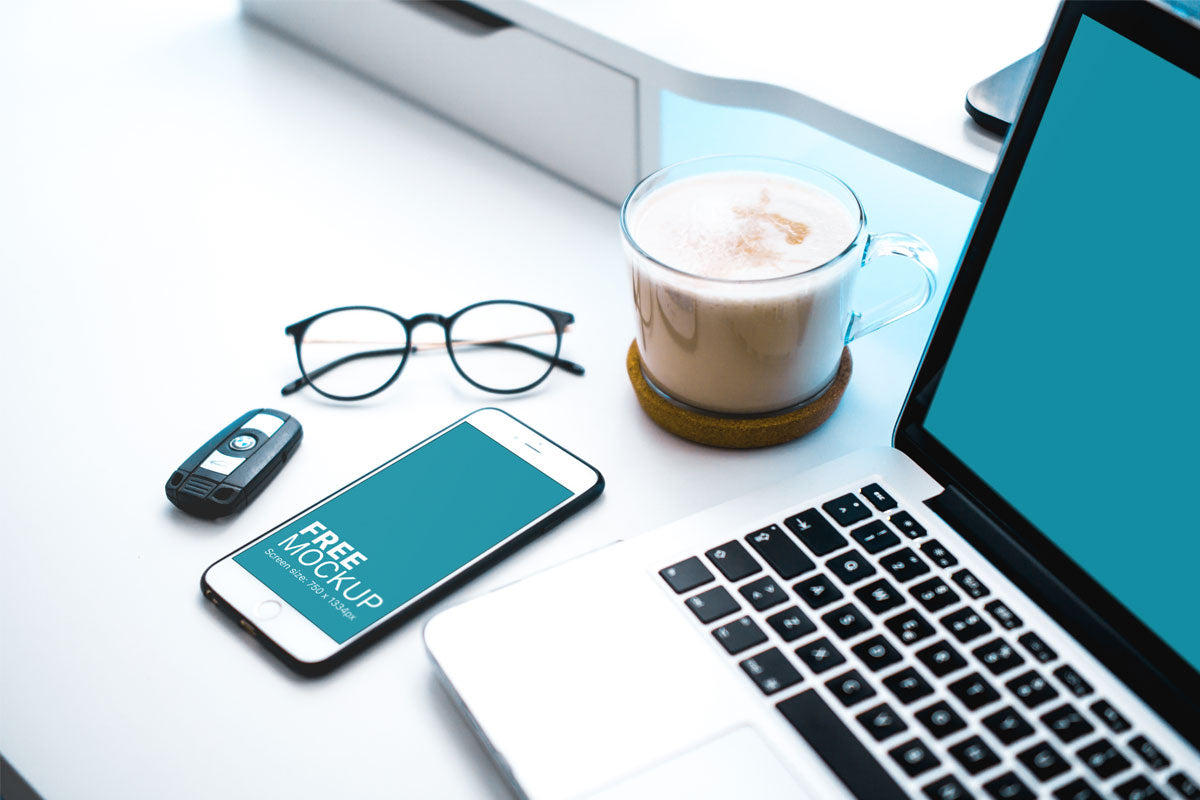 Download White iPhone 7 Mockup on Home Office Table - Mockup Hunt