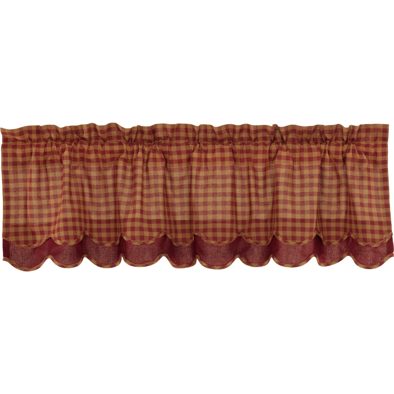 Country Primitive Burgundy Check Scalloped Layered Valance