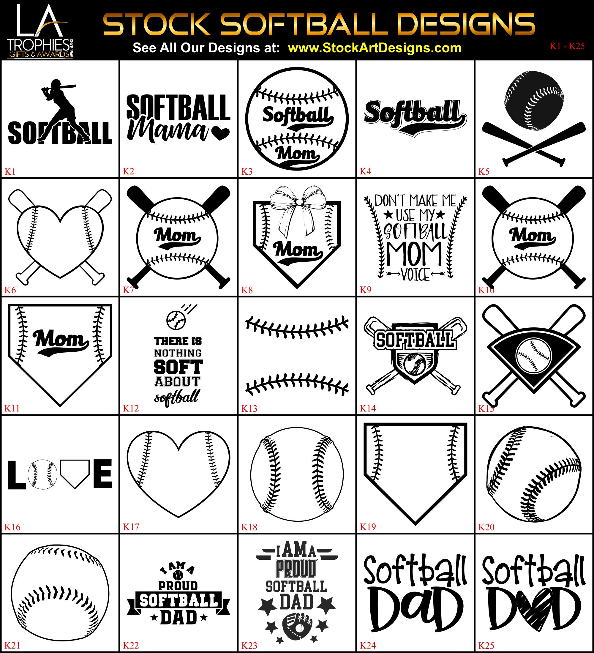 K1-K25 Stock Softball Designs for Laser Engraving LA Trophies