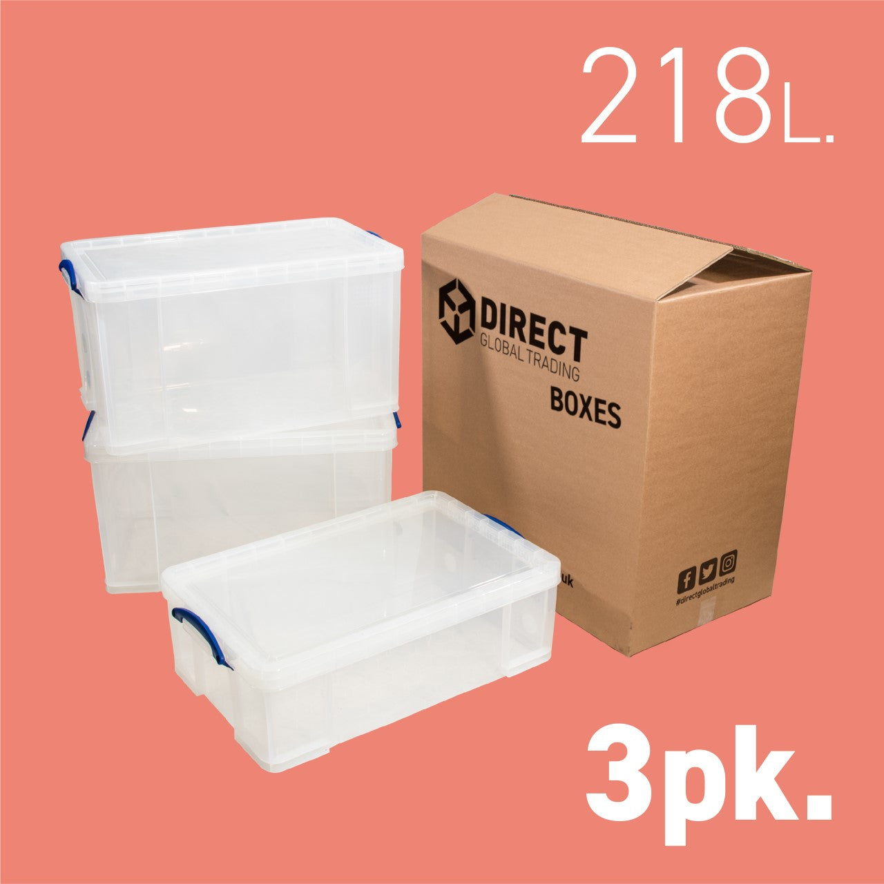 3 plastic moving house boxes with tall cardboard box