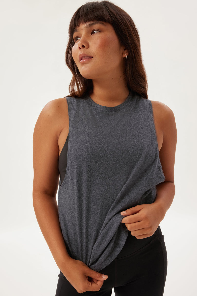 Heather Tee Collective Recycled Muscle Girlfriend — Charcoal Cotton