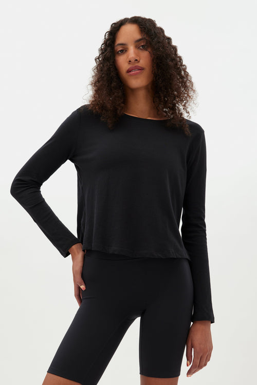 Black Recycled Cotton Long Sleeve Crew