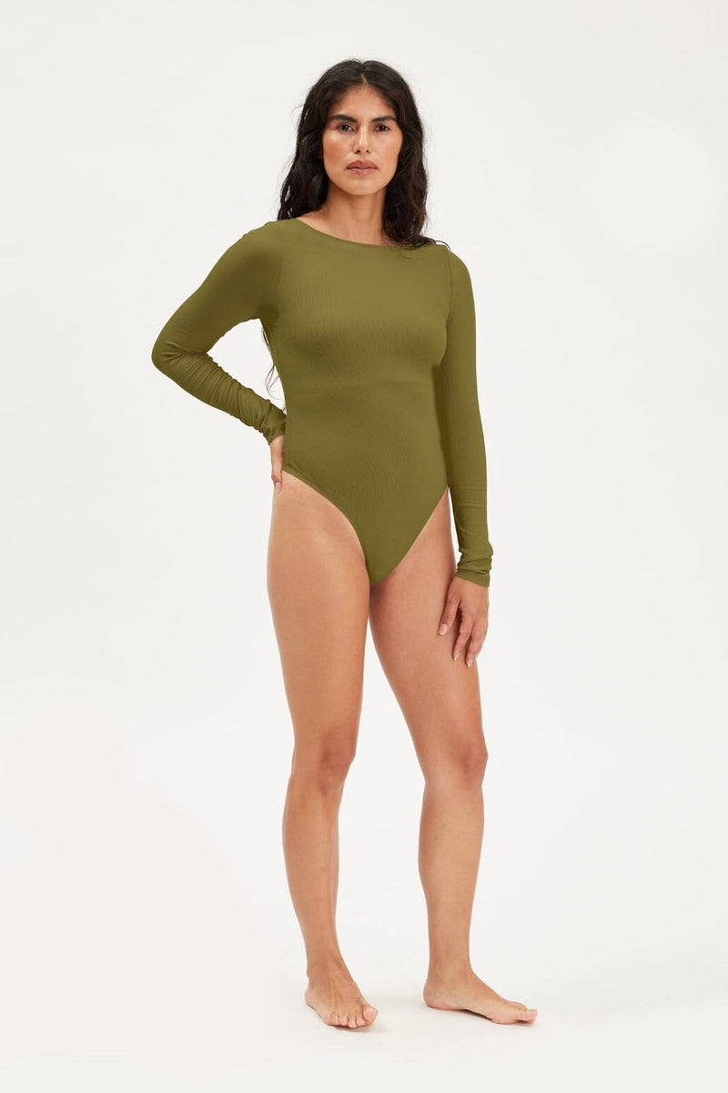 ASOS DESIGN cotton cut out shoulder long sleeve bodysuit in olive