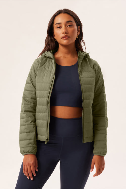 Dusty Olive Hooded Packable Puffer