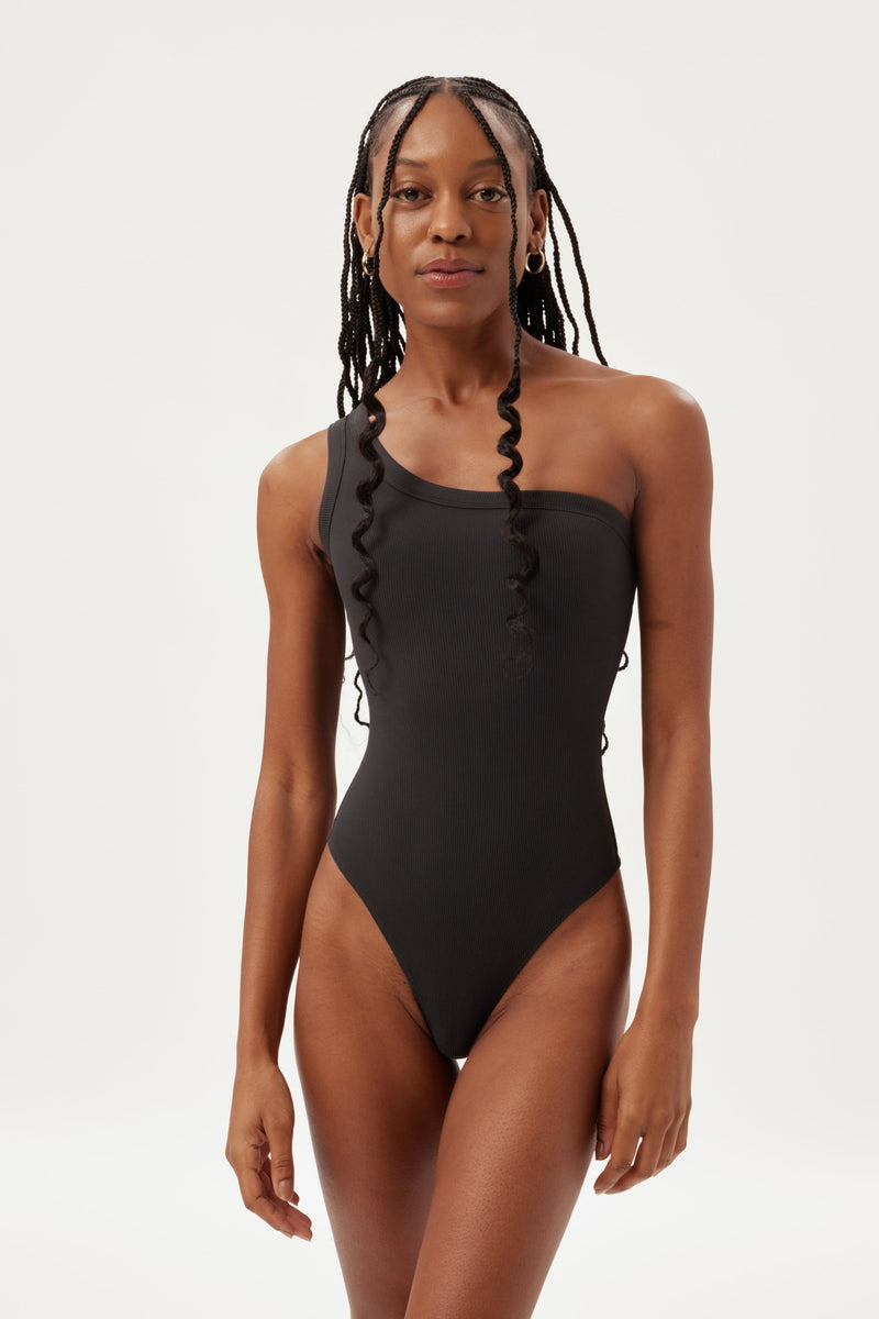 Tall Black One Shoulder Strappy Thong Bodysuit