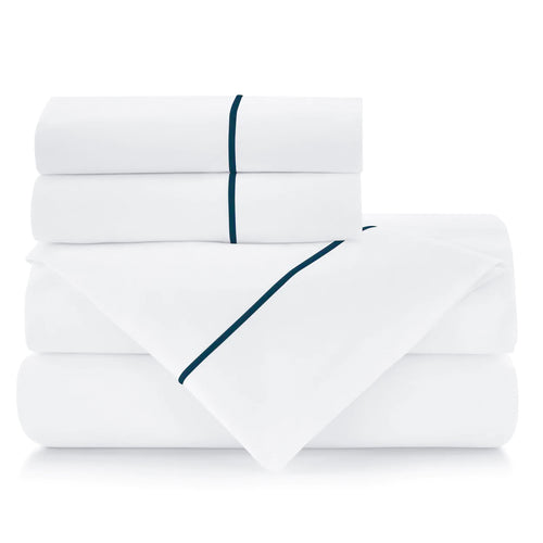 400TC SHEET + NAVY BLUE PIPED PILLOWCASES - MODERNE #1B