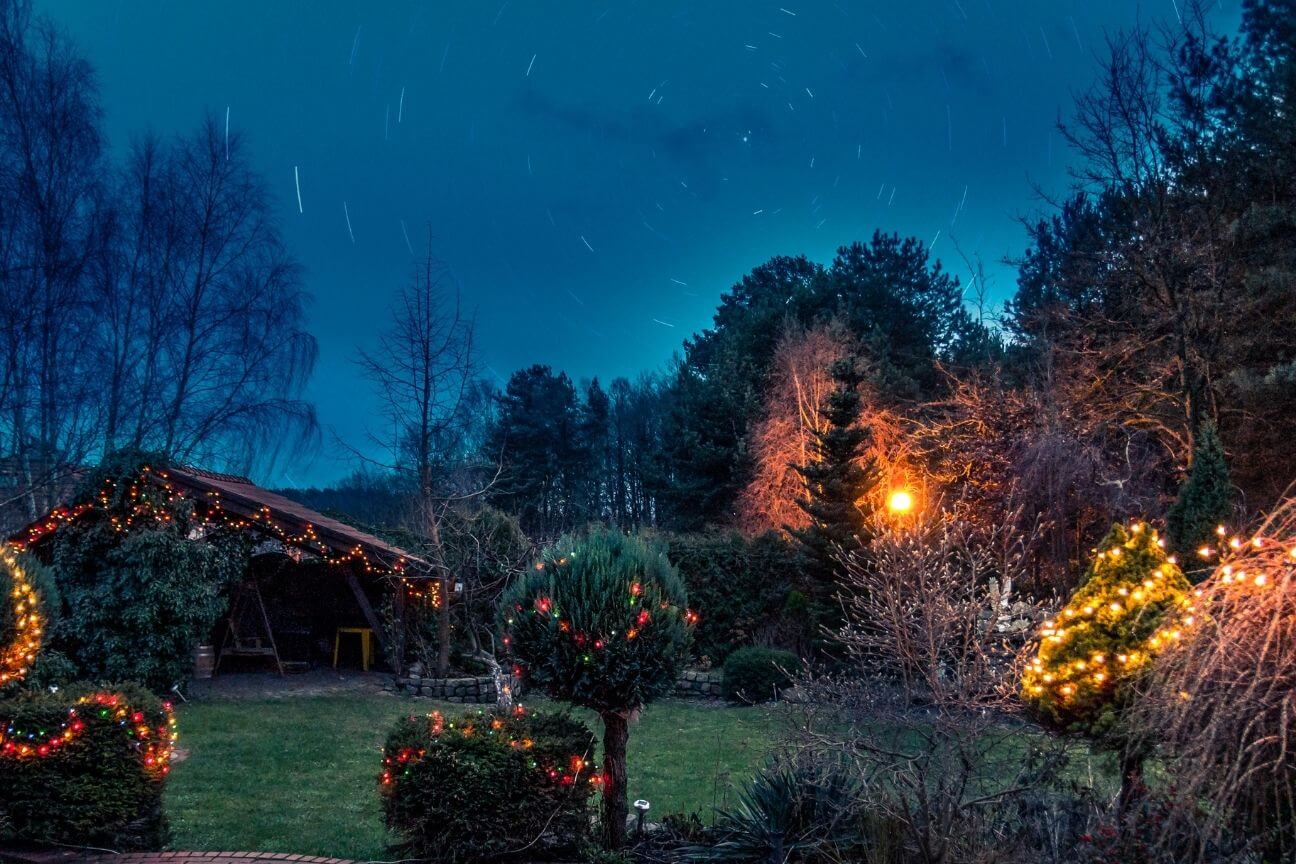 Christmassy garden adorned with outdoor decorations and festive lights