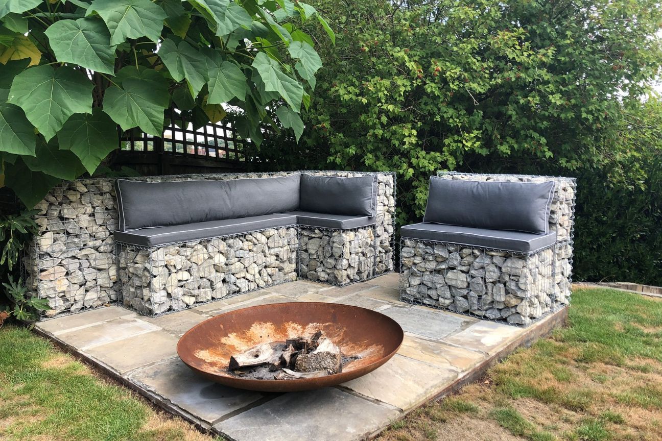 Gabion outdoor furniture with custom-made grey cushions