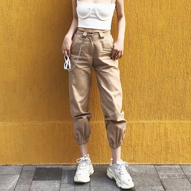 khaki cargo pants with chain