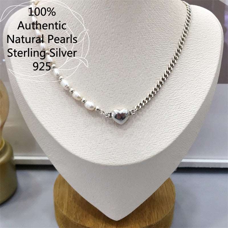 Natural pearls with 925 for women Sterling Silver Pearl Love Heart Chain Necklace Jewelry For Women