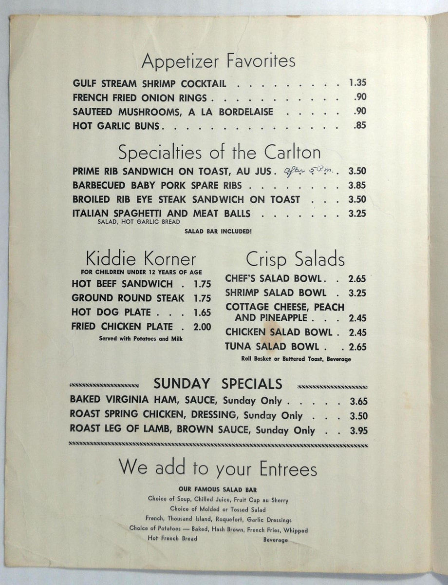 1970's Vintage Lunch & Dinner Menu THE CARLTON Restaurant Tomah Wiscon ...