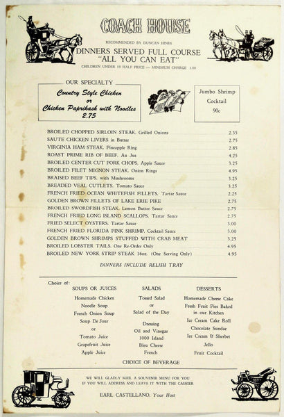 1967 Vintage ALL YOU CAN EAT Dinner Menu COACH HOUSE RESTAURANT Strong –  Vintage Menu Mania