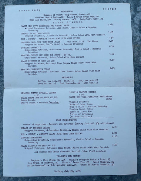 1956 THE STATE ROOM Restaurant Menu Michigan State University Kellogg ...