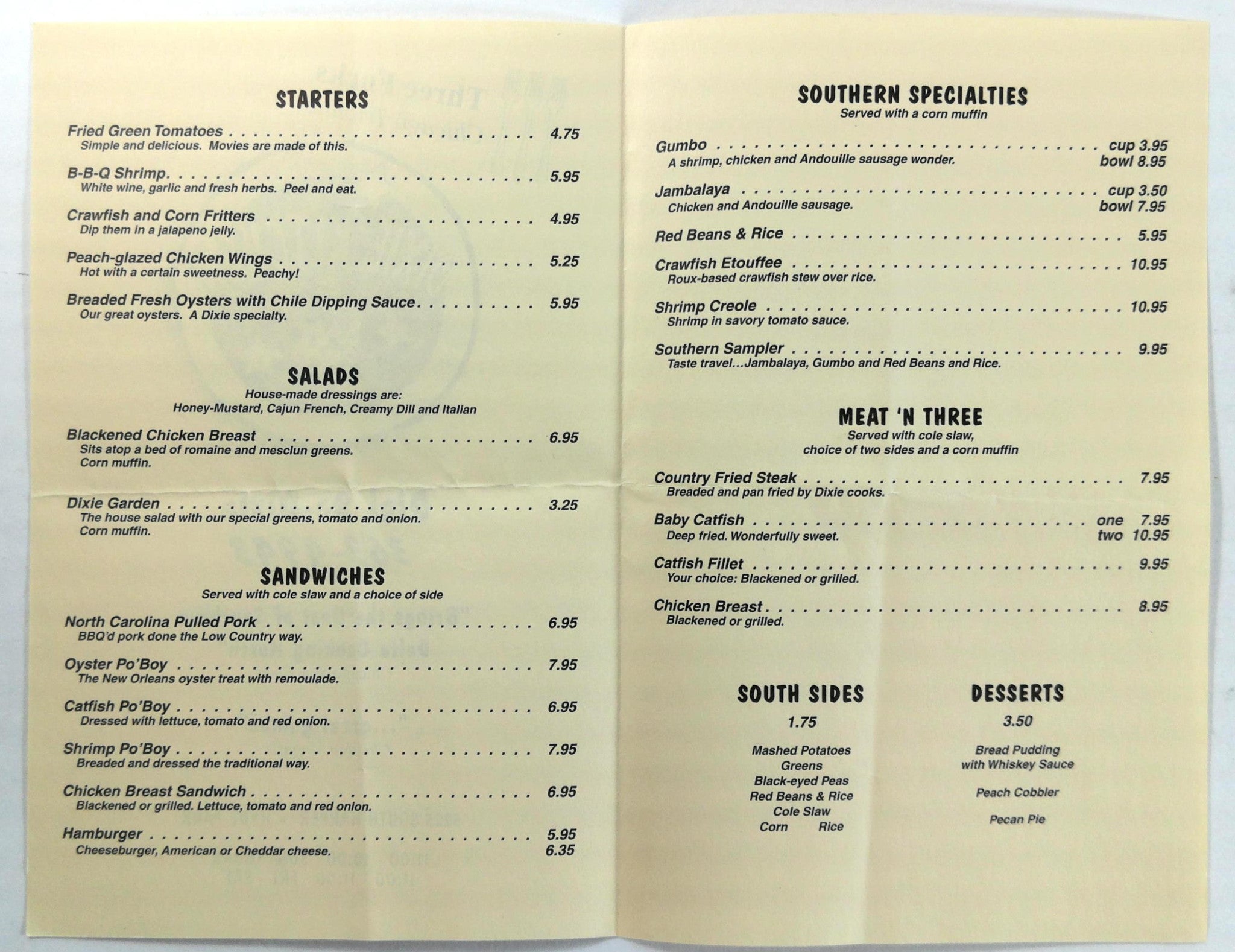 Original Menu DIXIE KITCHEN & Bait Shop Restaurant Hyde Park Chicago I