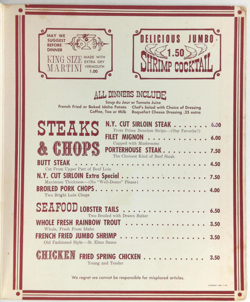 1968 Original Menu St Elmo Steak House Indianapolis Indiana Vintage Menu Mania 