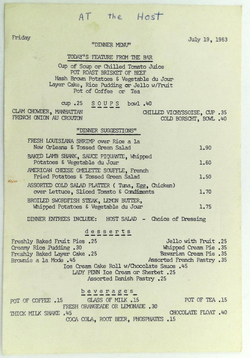1963 Original Dinner Menu AT THE HOST Restaurant – Vintage Menu Mania