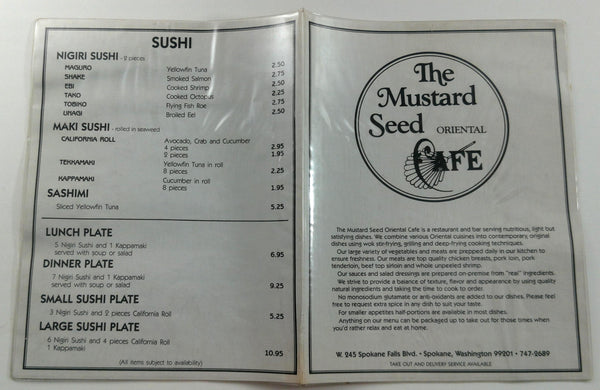 1980 S The Mustard Seed Oriental Cafe Restaurant Menu Spokane Washingt Vintage Menu Mania